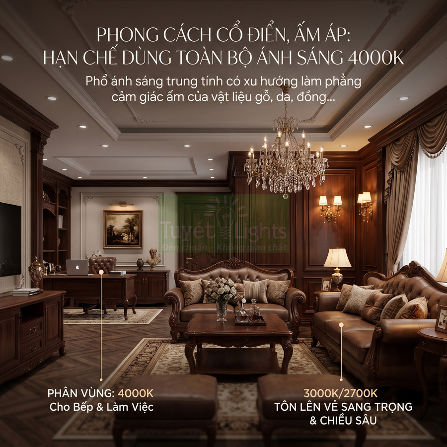 Phòng khách cổ điển với bộ sofa da nâu, đèn chùm pha lê và hệ thống đèn âm trần ánh sáng 3000K 4000K